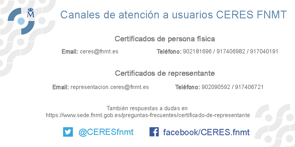 Imagen con direcciones de correo electrónico y números de teléfono para usuarios de CERES FNMT.  Publicar copia de seguridad